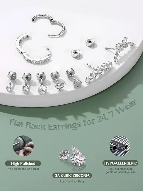 Hypoallergenic Flat Back Earrings-Cartilage Earring Stacks-Surgical Steel Earrin - Picture 3 of 9